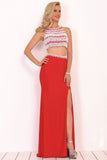 2024 Two-Piece Scoop Prom Dresses Spandex With Beads And Slit