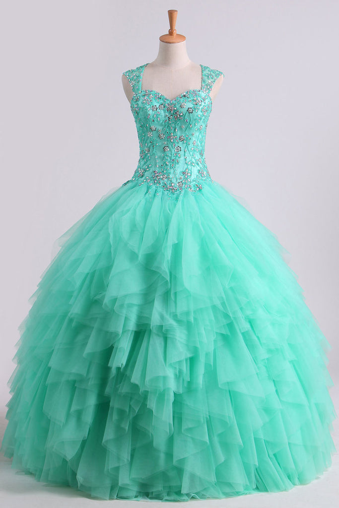 2024 Mint Sweetheart Floor Length Beaded Bodice Quinceanera Dresses Tulle Ball Gown