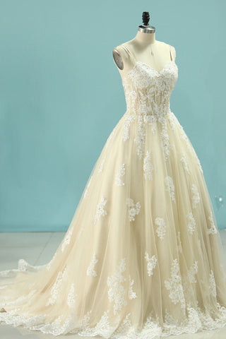 2024 New Arrival Wedding Dresses A Line Tulle Spaghetti Straps With Applique