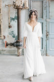 Simple A Line Ivory Chiffon V Neck Wedding Dresses, Half Sleeves Long Wedding Gowns