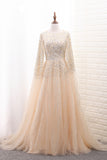 2022 Shiny A Line Prom Dresses Scoop Tulle With Beading & Rhinestones Sweep Train