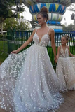 Spaghetti Straps V Neck Sparkly Wedding Dress With Stars, Floor Length Long Prom Dress