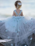 Blue Round Neck Ball Gown Tulle Sleeveless Flower Girl Dresses