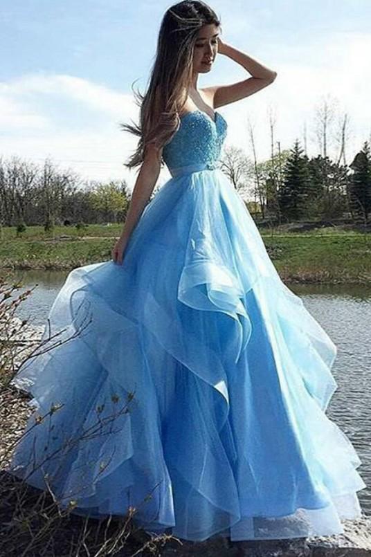 A-Line Sweetheart Strapless Blue Tulle Beads Sleeveless Ruffles Prom Dresses
