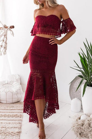 Burgundy Two Piece High Low Off-the-Shoulder Mermaid Lace Homecoming Dresses
