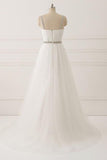A Line White Spaghetti Straps Tulle Beads Appliques Sweetheart Zipper Prom Dresses