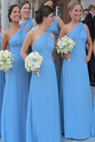 Blue Sheath One-Shoulder Sleeveless Chiffon Floor-Length Bridesmaid Dresses