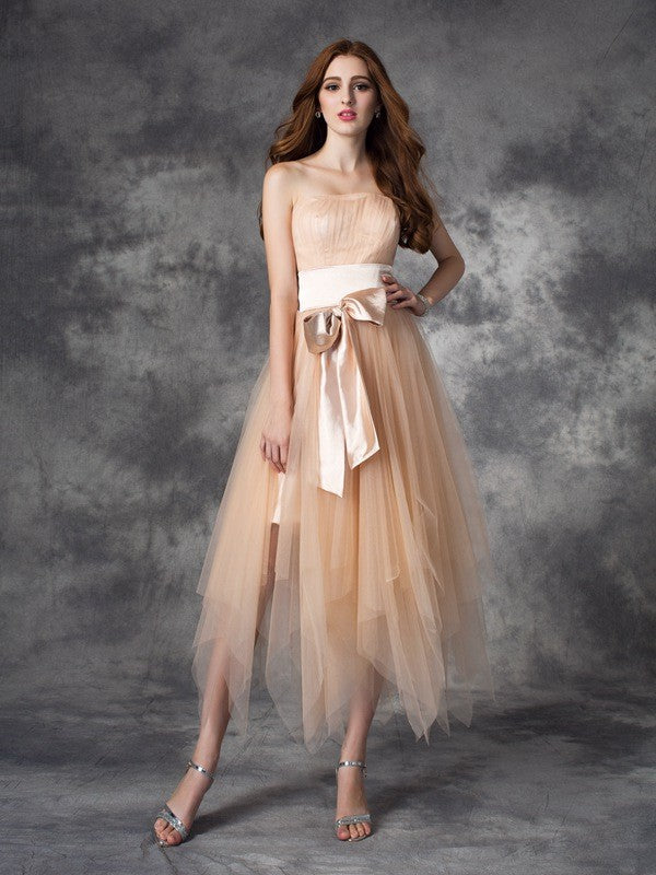 A-Line/Princess Strapless Bowknot Sleeveless Homecoming Dresses Satin Areli Long Elastic Woven Dresses