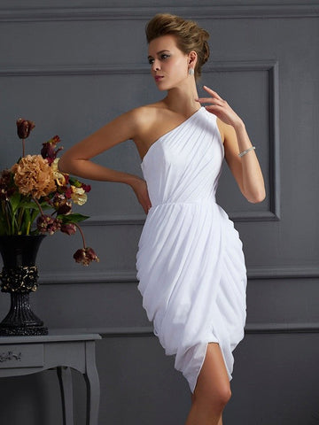 Crystal Homecoming Dresses Chiffon Sheath/Column One-Shoulder Sleeveless Pleats Short