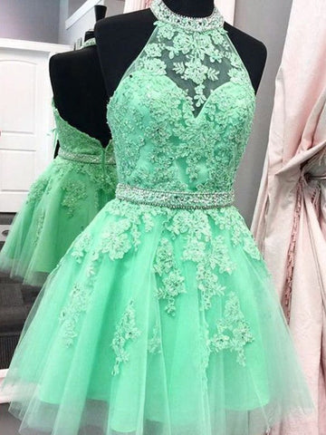 A-Line/Princess Kyra Homecoming Dresses Sleeveless Halter Tulle Applique Short/Mini Dresses