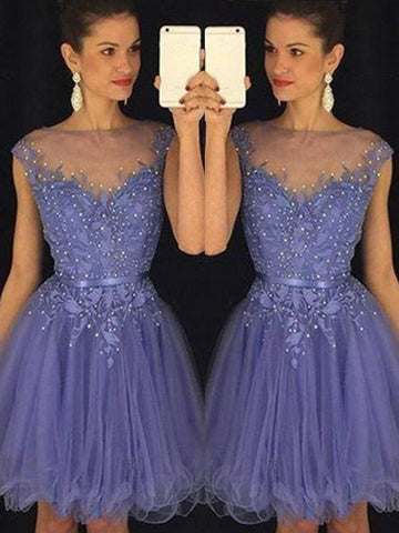 A-Line/Princess Sleeveless Scoop Applique Tulle Short/Mini Dresses Yareli Homecoming Dresses