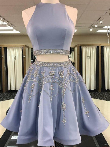 Anaya Satin Homecoming Dresses A-Line/Princess Sleeveless Bateau Beading Short/Mini Two Piece Dresses
