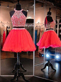 A-Line/Princess Sleeveless Halter Tulle Beading Homecoming Dresses Chasity Short/Mini Two Piece Dresses