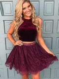 A-Line/Princess Halter Sleeveless Two Piece Satin Lace Melody Homecoming Dresses Short/Mini Dresses
