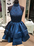 A-Line/Princess Sleeveless High Neck Homecoming Dresses Liliana Satin Beading Short/Mini Dresses
