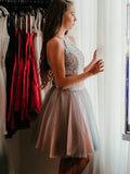 A-Line/Princess Miriam Homecoming Dresses Applique Halter Tulle Sleeveless Short/Mini Two Piece Dresses