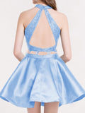 Satin Lace Mariah Homecoming Dresses A-Line/Princess Sleeveless Halter Short/Mini Two Piece Dresses