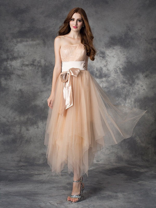 A-Line/Princess Strapless Bowknot Sleeveless Homecoming Dresses Satin Areli Long Elastic Woven Dresses