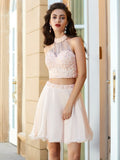 A-Line/Princess Halter Beading Sleeveless Viviana Chiffon Homecoming Dresses Short/Mini Two Piece Dresses