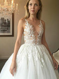Elegant Ball Gown Round Neck Ivory Open Back Wedding Dress with Appliques Bridal Dresses