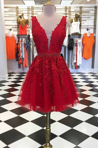 A-line V Neck Lace Red Short Prom Dresses Homecoming Dresses