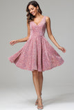 Pink A Line V-neck Short Sequins Homecoming Dress