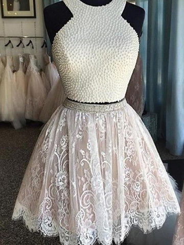 A-Line Princess Sleeveless Lace Homecoming Dresses Abagail Halter Pearls Short Two Piece