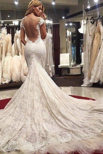 Gorgeous Scoop Illusion Back Cap Sleeves Court Train Lace Sexy Mermaid Wedding Dresses
