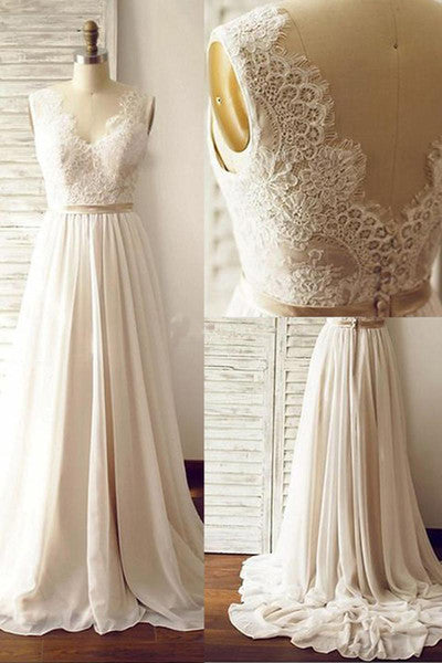Charming Backless A-Line Open Back Sleeveless Long Chiffon White V-Neck Prom Dresses