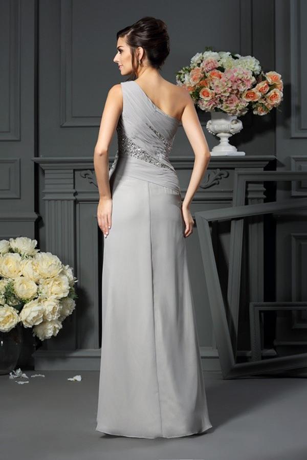 Elegant A-Line Grey One Shoulder Sleeveless Beads Slit Chiffon Mother of the Bride Dresses