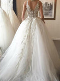 Elegant Ball Gown Round Neck Ivory Open Back Wedding Dress with Appliques Bridal Dresses
