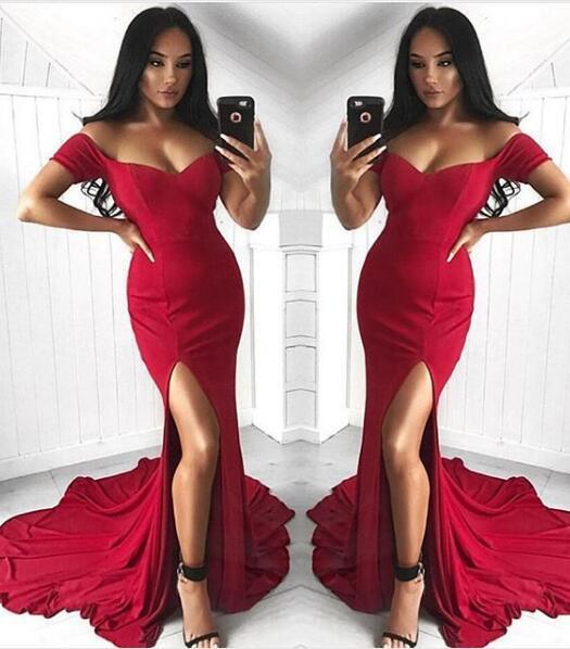 Sexy Mermaid Off the Shoulder Slit Sweetheart Short Sleeve Satin Long Prom Dresses