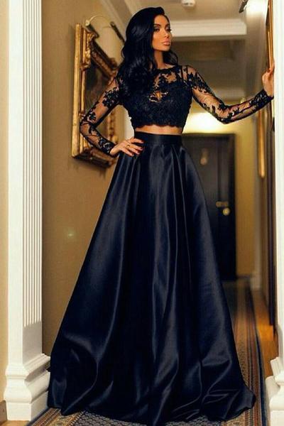 Two Piece Scoop A-Line Bateau Long Sleeves Black Floor Length Prom Dresses with Lace