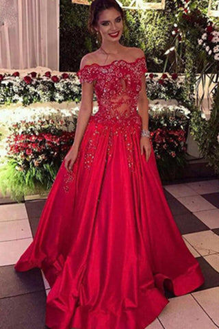 Red Off-the-Shoulder A-line Ball Gown Applique Beaded Satin Prom Dresses
